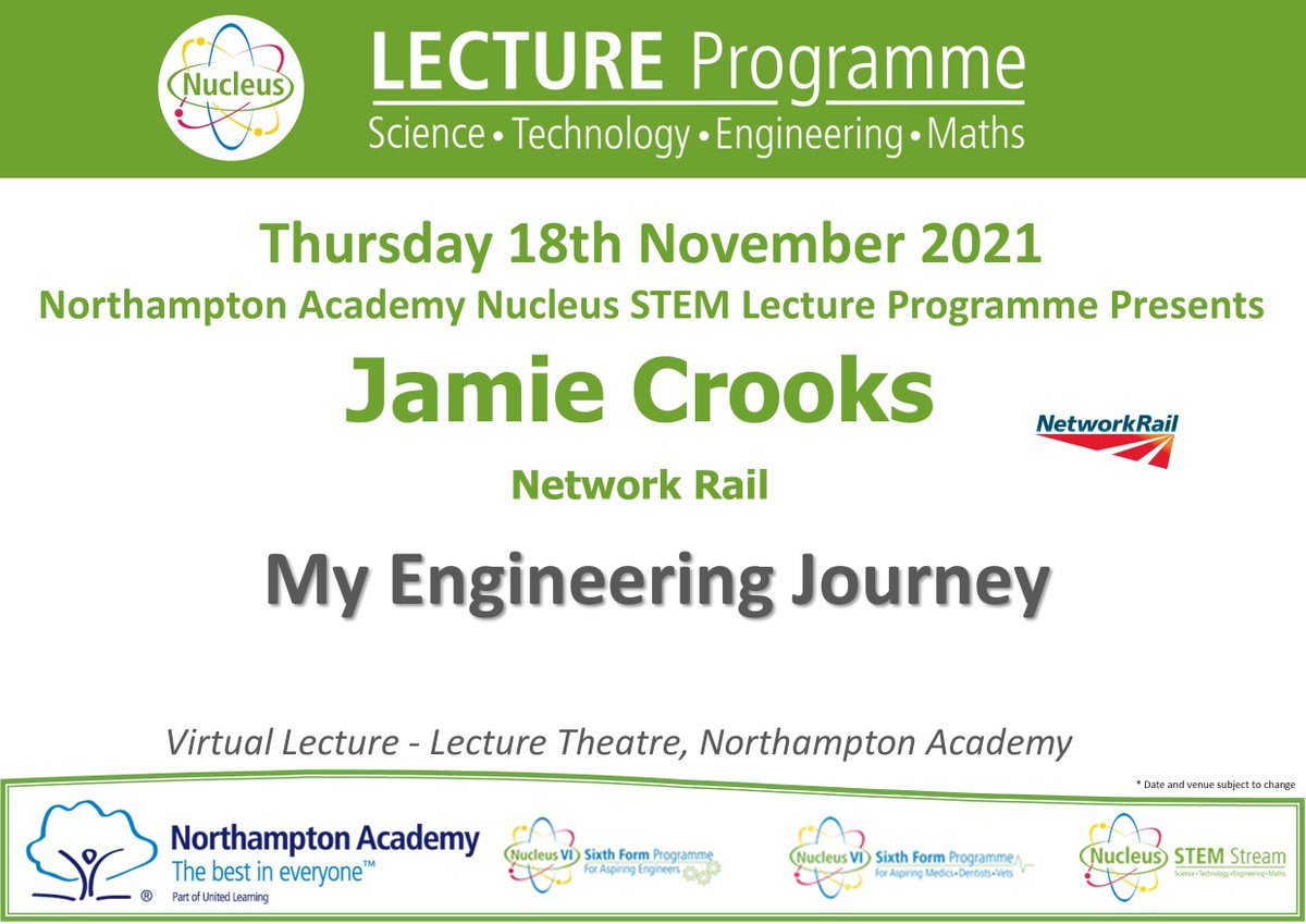 NA_NucleusSTEM's tweet photo. Nucleus STEM (virtual) Lecture Programme this week welcomes Jamie Crooks from Network Rail who will be discussing his journey into Engineering.
@northacad #NucleusSTEM #STEM #STEMEducation https://t.co/UZIr1l47SS