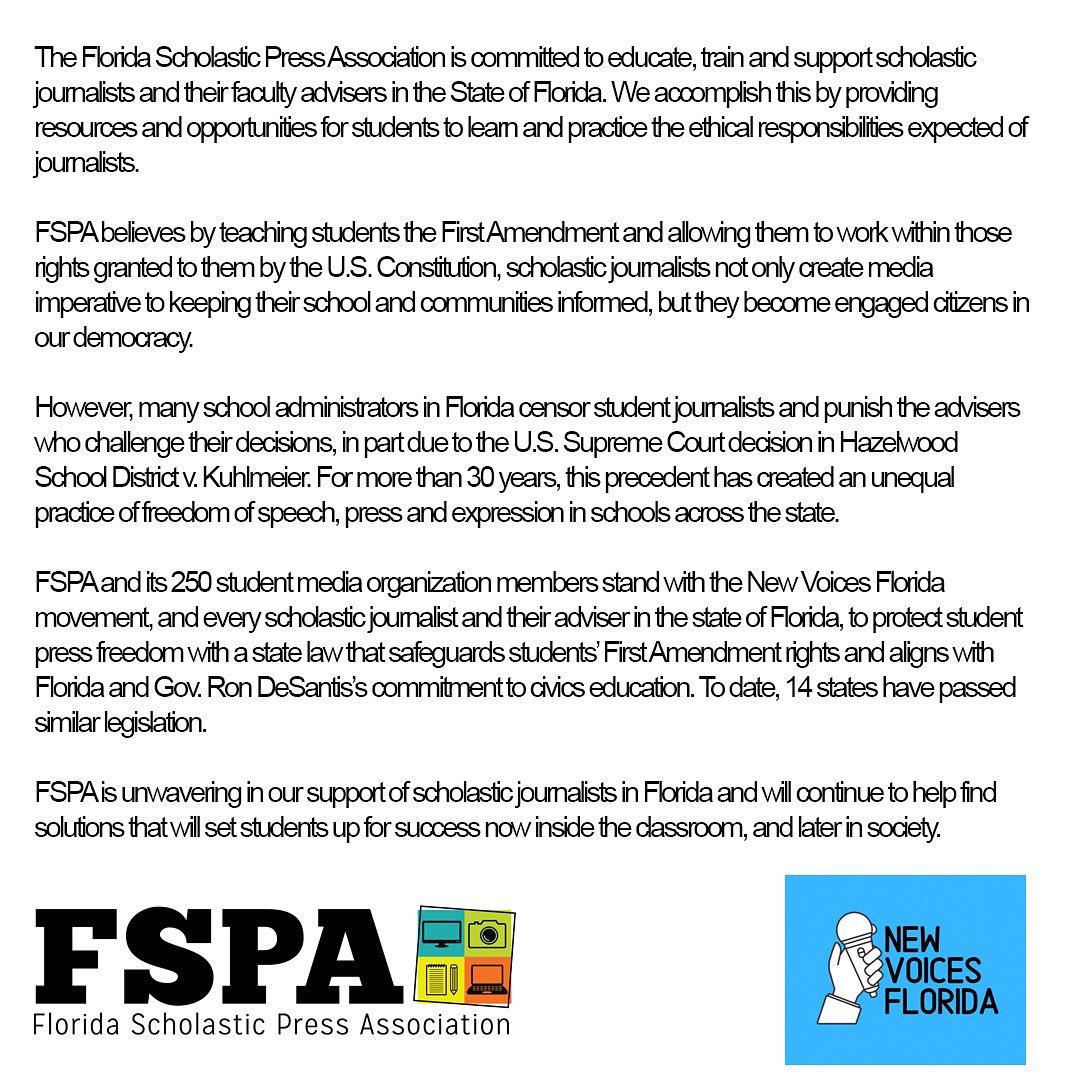 We are committed to supporting scholastic journalists in Florida, and are fully behind <a href="/NewVoicesFL/">New Voices Florida</a>. For more information and to get involved, visit fspa.wildapricot.org/New-Voices See the official statement below.
