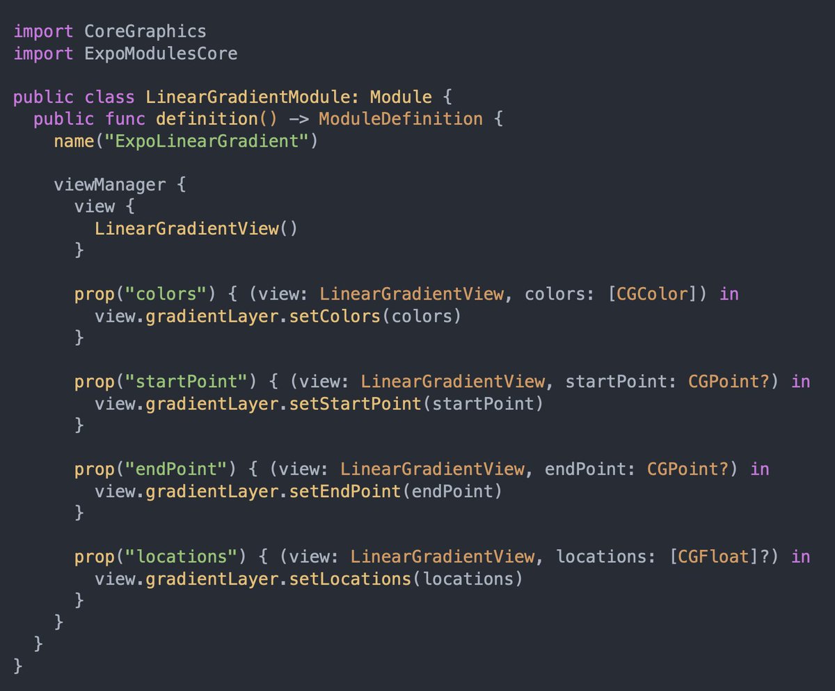 Experimental next generation of <a href="/expo/">Expo</a> modules reaches the next stage 👀
Notice that the prop values are automatically converted to some custom types (e.g. from CoreGraphics) that you specify in the closure 😍
Works with optionals, nested arrays and enums. No reflection needed! 💪