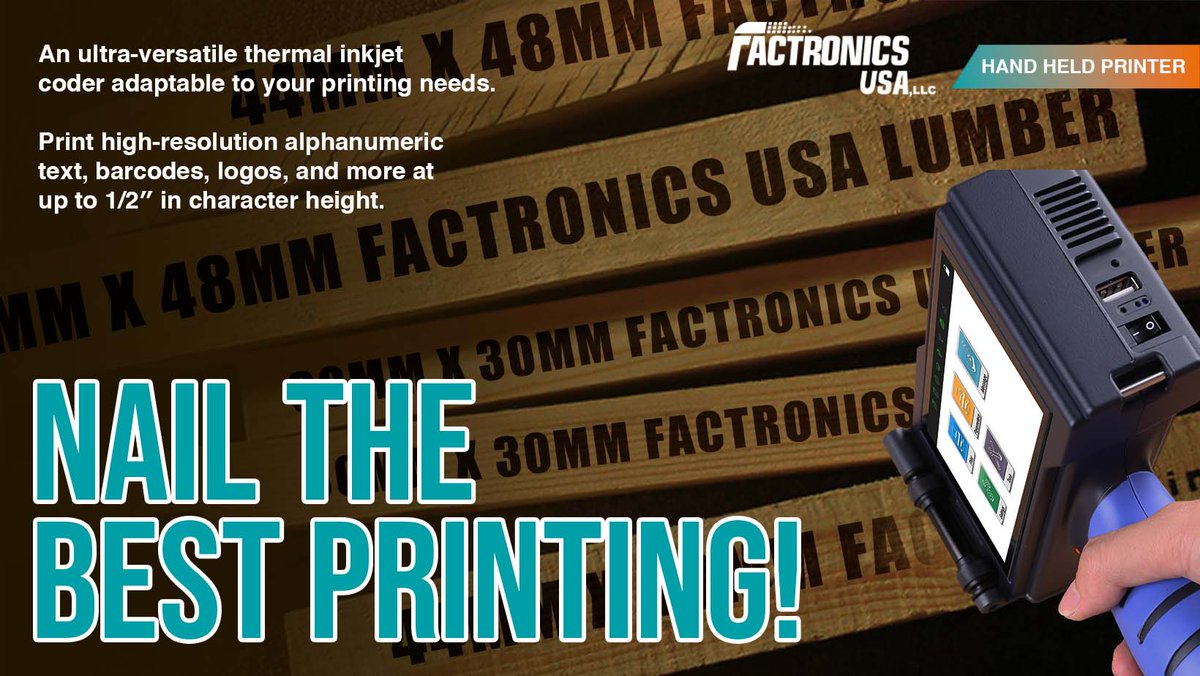FactronicsUSA's tweet photo. The Handheld V1H Ink-Jet Printer will help you stand out from competitors with high quality coding, or to comply with international marking regulations.
Call us at +1 (305) 888-6714 or learn more at https://t.co/BkZHxarmrc
#handheldprinter #v1h #lumber #facusa #factronicsusa https://t.co/yq5fPnsYq5