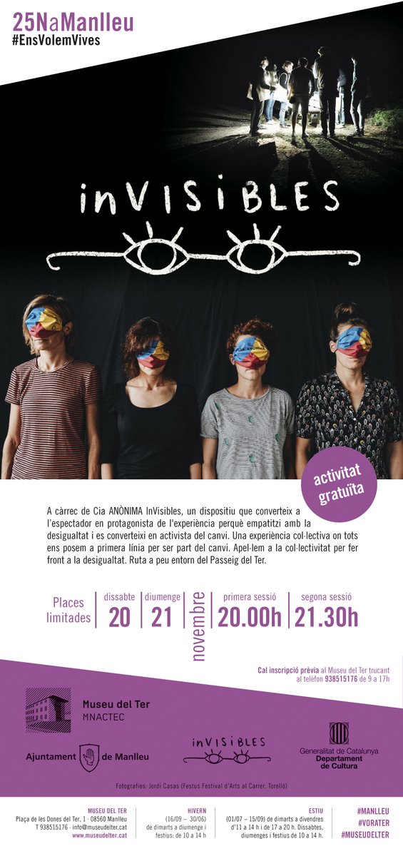 museudelter's tweet photo. Els dies 20 i 21 de novembre a les 20h i a les 21.30h, dins les activitats del #25N us proposem el projecte itinerant d'arts escèniques i visuals,  "inVISIBLES" 
Places limitades. Reserves al 938515176 @ajManlleu @cultpopular_cat  https://t.co/b0RXYr7N7R https://t.co/YxSIbhZPY0