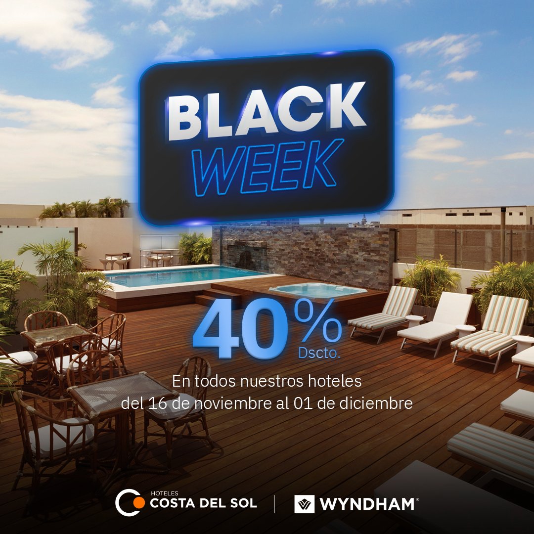 CostadelSolPeru's tweet photo. ¡Llegó el Black Week CDS!
Aprovecha el 40% DSCTO del 16 de noviembre al 01 de diciembre para reservar tu estadía en cualquiera de nuestros 11 hoteles. 
Promoción válida para hospedarse hasta el 30 de junio del 2022. Sujeto a restricciones. 
💻 https://t.co/QwvUHnCzBQ https://t.co/aCOhRIjnZJ
