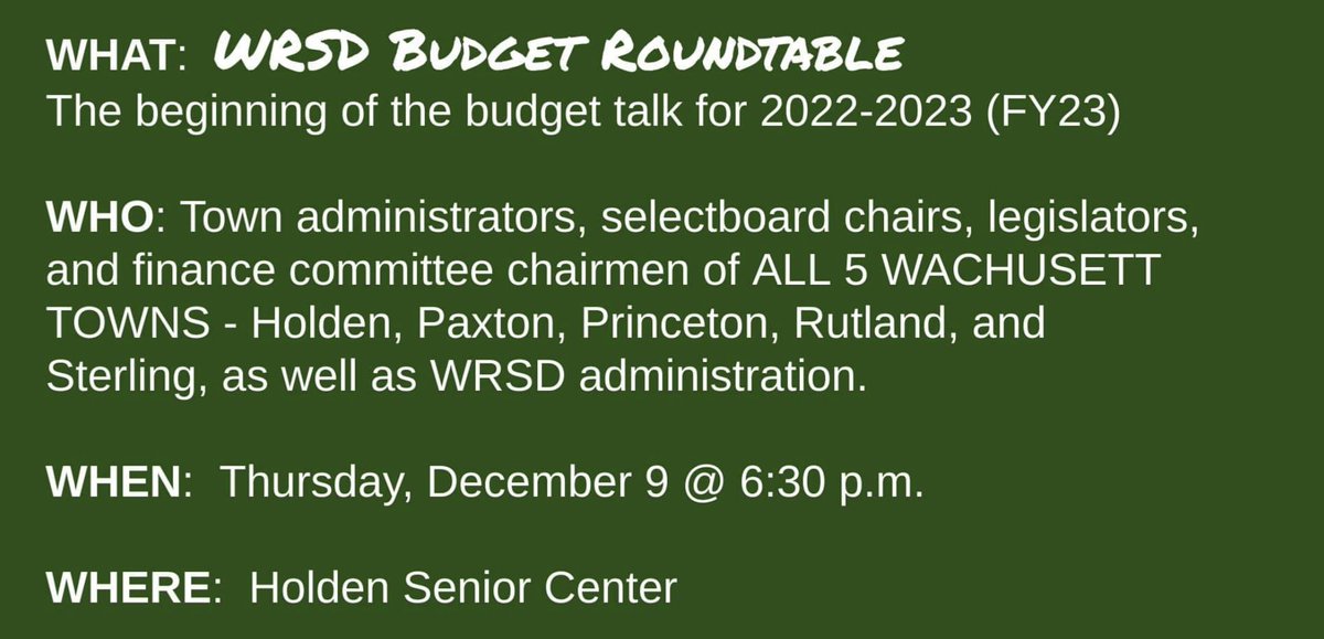 iamwachusett's tweet photo. Hey Wachusett - it's been a while, but lots going on these days!
Budget season is about to start with the Budget Roundtable on 12/9/21 at the Holden Senior Center. 
Also, the SC voted last night to hire NESDEC as the firm to coordinate the superintendent search. https://t.co/5yNS7j1OPG