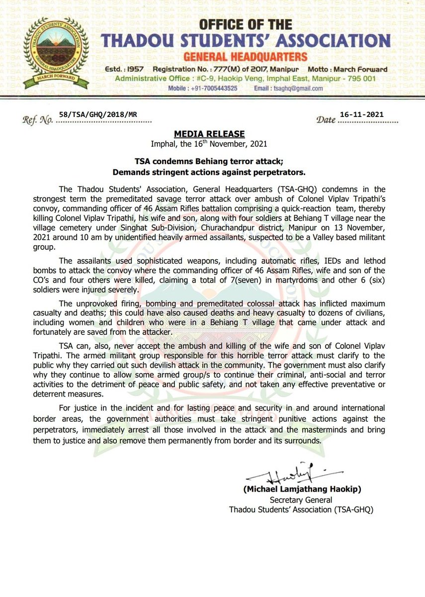 TSA condemns 13 November Behiang terror attack;
Demands stringent actions against perpetrators.
@NBirenSingh @easterncomd @Spearcorps @official_dgar @PRODefImphal @adgpi @LMKhaute @rashtrapatibhvn @PMOIndia @AmitShah @DefenceMinIndia @rajnathsingh @RanjanRajkuma11