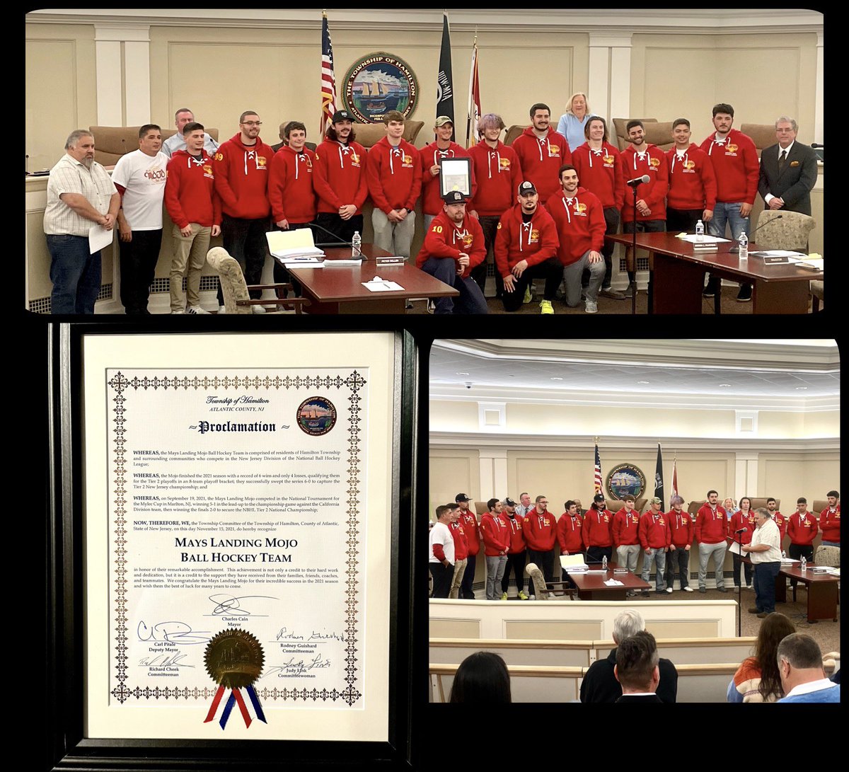 ♦️Special night for the ML Mojo ♦️ The township committee of the Township of Hamilton presented the Mojo with a PROCLAMATION for their remarkable accomplishment of winning the 2021 NBHL Tier 2 National Championship .
