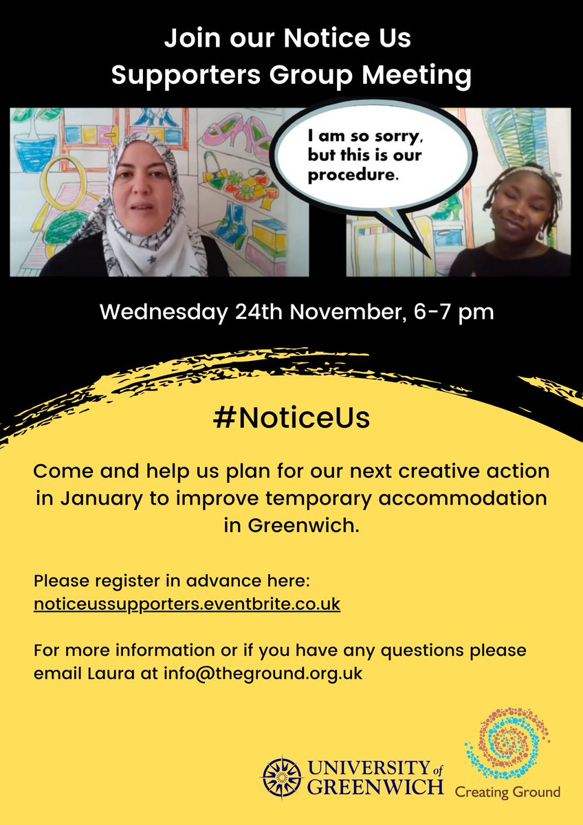 Join us on 24th November 6-7pm to plan a creative action together for our #NoticeUs campaign on temporary accommodation in Greenwich.
noticeussupporters.eventbrite.co.uk