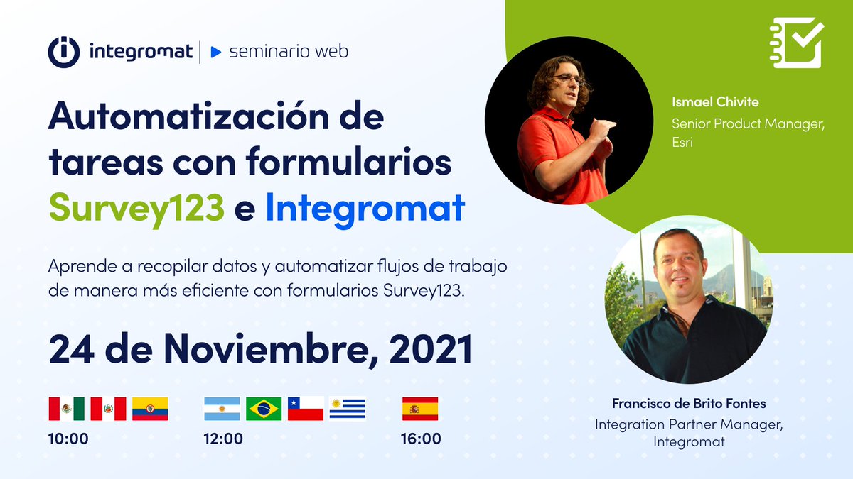 Aprende cómo automatizar la recolección de datos con #ArcGISSurvey123 e Integromat, en nuestro próximo webinar

📅 Miércoles 24 de noviembre, 2021⁠
🕛 12:00 hs
💻 Evento Virtual⁠

Regístrate ingresando a bit.ly/3HC0feO

#Aeroterra Esri  #ArcGIS #Survey123 #Integromat