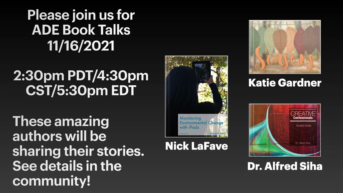 It's ADE Book Talk day! I hope you'll join us this afternoon to learn with <a href="/gardnerkb1/">Katie Gardner, NBCT</a> <a href="/NFLaFave/">Nick LaFave</a> &amp; @alfredsiha as they share the free books they've created and published to Apple Books. Register at this link: buff.ly/3n50WEV #AppleEDUchat