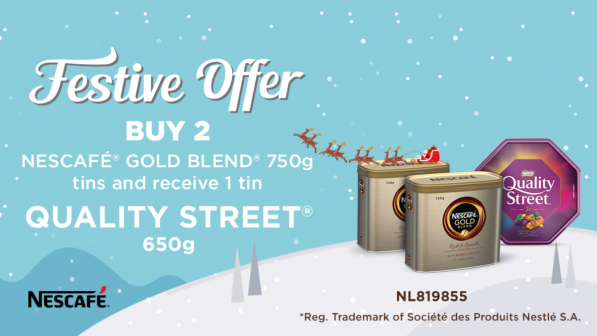 Don't miss out on Nescafé Gold Blend's Festive Offer! Buy 2 Nescafé Gold Blend and get 1 FREE Quality Street tin!