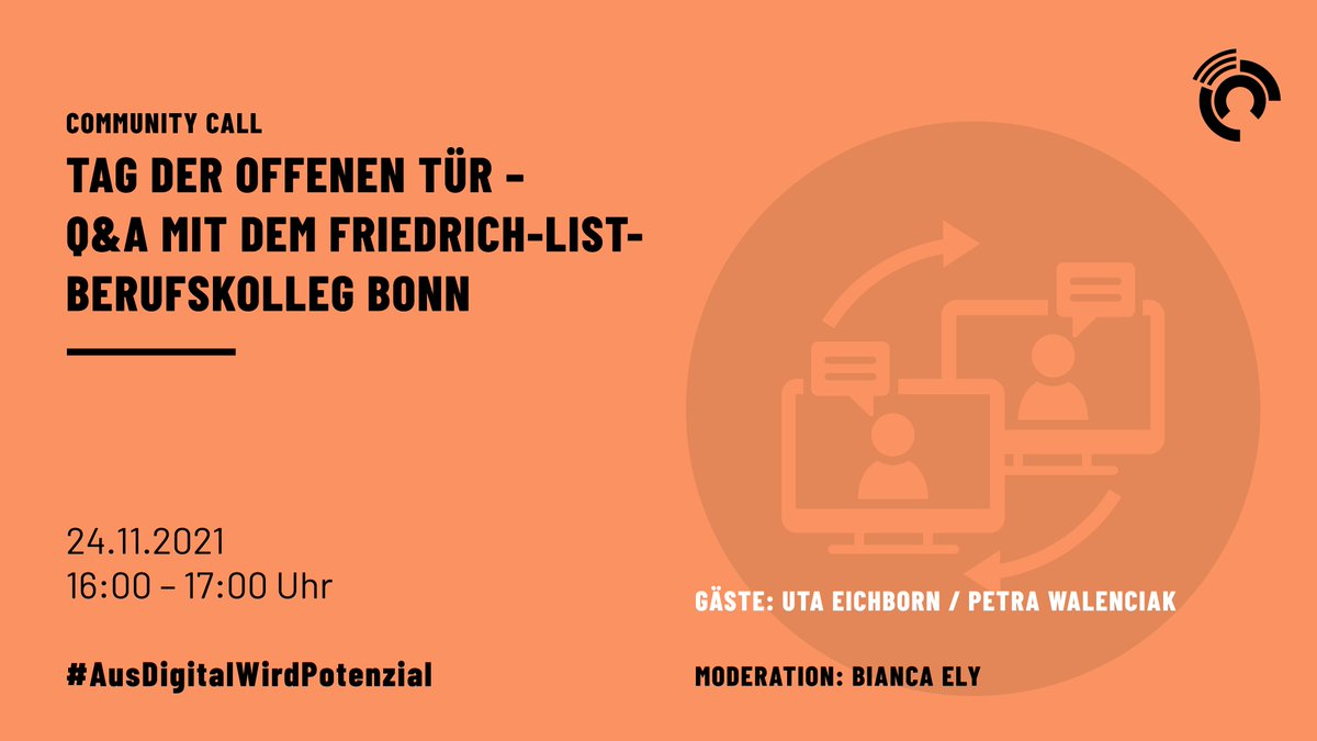 Im #CommunityCall am 24.11. laden wir wieder ein zum Tag der offenen Tür: <a href="/utaeichborn/">Uta Eichborn</a> &amp; <a href="/petrawalenciak/">Petra Walenciak</a> geben uns Einblicke in die Anwendung agiler Methoden im Schulkontext. 🧩 #AusDigitalWirdPotenzial #twlz 

📅 24.11.2021
🕓 16:00 – 17:00 Uhr
👉 forumbd.de/veranstaltunge…