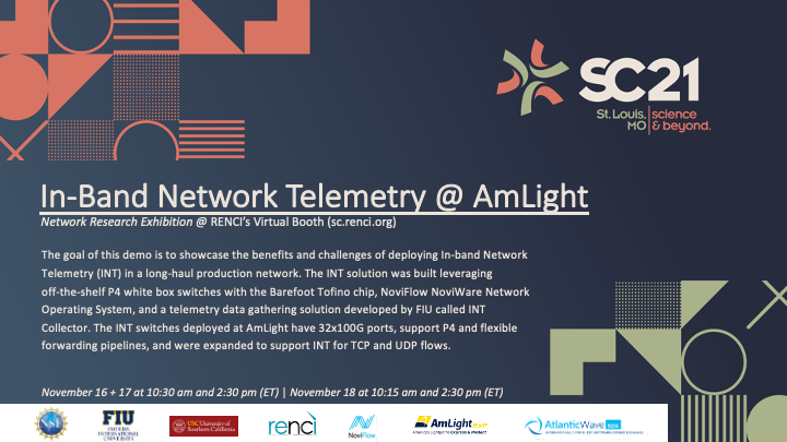 RENCI's tweet photo. The #SC21 demo sessions from the #AtlanticWaveSDX team begin today at 10:30 AM ET in our virtual booth. The demo will showcase the deployment of #InBandNetworkTelemetry in a long-haul production network. #MoreThanHPC @GeorgiaTech @FIU @USC_ISI @amlightus https://t.co/k4v7hIDvrx https://t.co/TJcmG52P9B