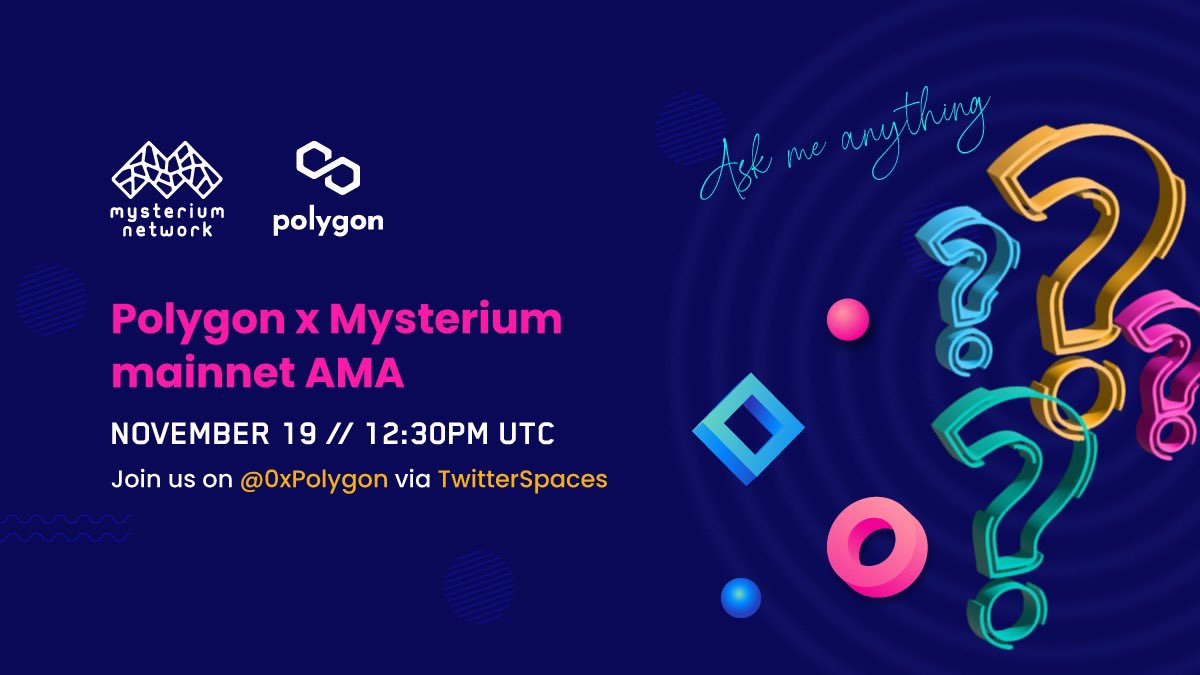MysteriumNet's tweet photo. We know you’re as excited as us for #Mainnet. Join our #AMA hosted by @0xPolygon to hear what’s coming next. We have some news about new #tokenomics #staking and bring the #Web3 to Web2.
👇 https://t.co/dZY60hZvYF