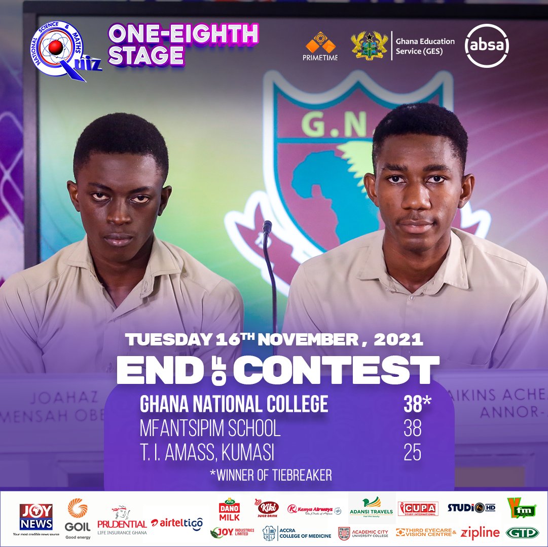 NSMQGhana's tweet photo. Saarah-Mensah:

Ghana National College is headed to the #NSMQ2021 Quarterfinals after a narrow win over Mfantsipim School.

😱

#NSMQinKumasi #Primetime https://t.co/CnRVq0eDxN