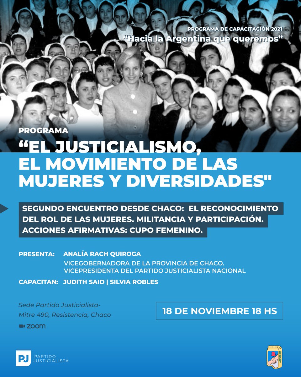 Desde #Chaco realizaremos el 2° encuentro del Programa de formación “El Justicialismo, el movimiento de las mujeres y diversidades".
Presenta: <a href="/analiarach/">Analia Rach Quiroga</a> - Vicegobernadora Pcia. de Chaco / Vicepresidenta PJ Nacional.
🗓️Jueves 18/11
⏰18hs
 
Inscribite👇🏽
bit.ly/30mubL3
