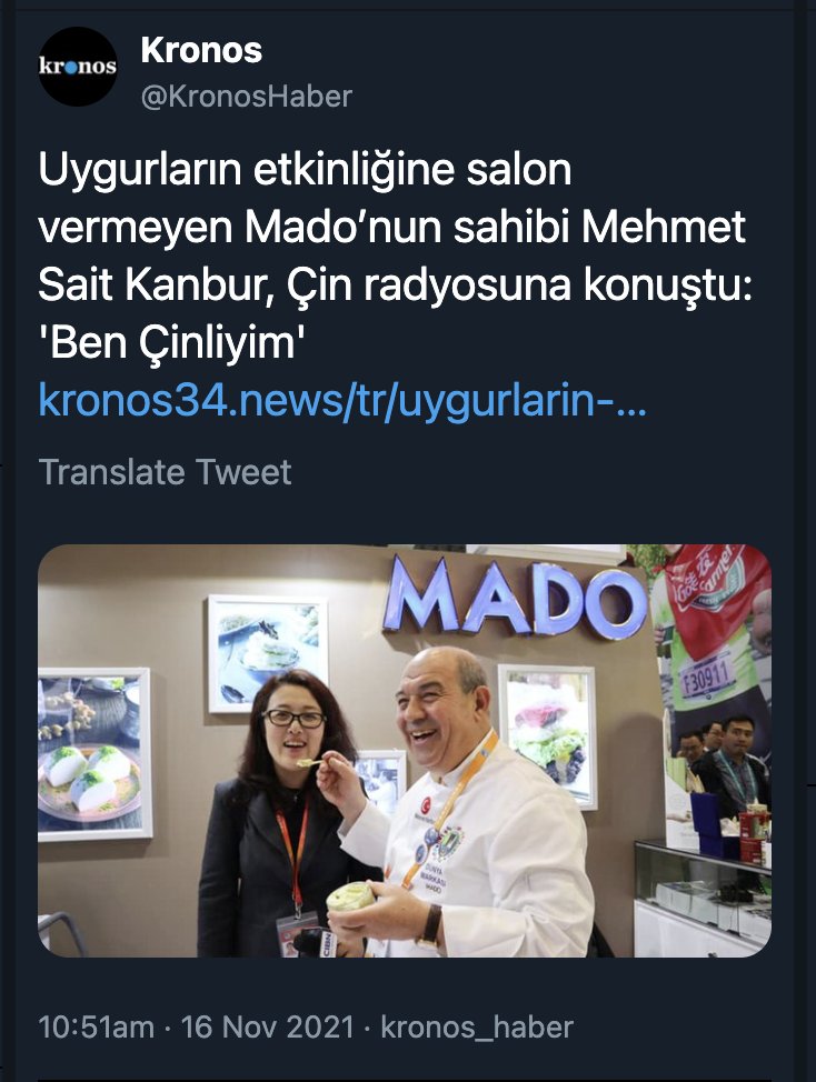 Mado’nun sahibi Mehmet Kanbur'dan küstahça açıklama: 

“Çin’in milliyetçiliğini tebrik ediyorum”  Çin’de karnım doyuyor ve Ben Çinliyim”

Bu, soykırımı görmezden gelmektir, desteklemektir!

#BoykotMado