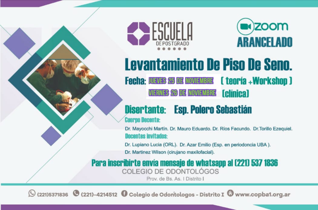 La Escuela de Postgrado te invita al curso Levantamiento de Piso de Seno, a cargo del especialista Sebastian Polero.
Inscripciones al whatsapp 221 537 1836.