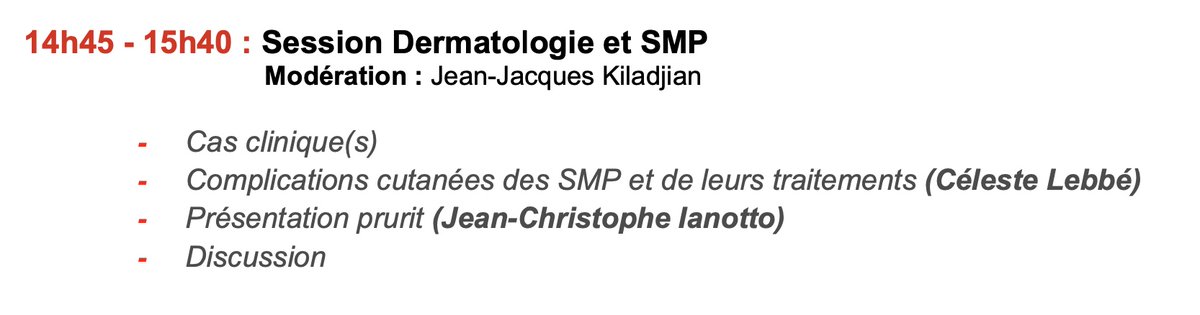 Superbe session <a href="/FimMpn/">FIM</a> sur SMP #mpnsm et dermatologie avec C. Lebbé <a href="/HopSaintLouis/">Hôpital Saint-Louis AP-HP</a> et JC Ianotto @CHRU_Brest, avec on l'espère des avancées à venir prochainement pour le traitement du prurit.
Le suivi conjoint est en tous cas bénéfique pour les patients !