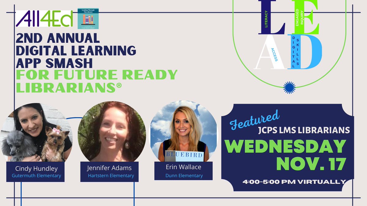 BlochLMS's tweet photo. Shout out to 3 AMAZING JCPS Librarians that are leading within their school, our district, and across the nation! Click the link to register for the app smash w/ 20 librarians from across the country! https://t.co/cvBpgiOBmn @JCPSLMSDrLynn @JCPSKY @JCPSAsstSuptTL #JCPSlibraries https://t.co/nA64TLGY0T