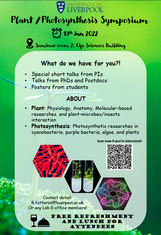 We are hosting a day for plant science/photosynthesis research at @LivUni! If you are a biology student or staff in FLHS come and hear about the exciting research going on across the faculty 🌱🔬🧬🧪