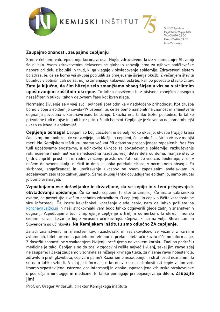 Gregor Anderluh (@ganderluh) on Twitter photo Zaupajmo znanosti, zaupajmo cepljenju!
Poziv k upoštevanju ukrepov, ki zmanjšujejo širjenje koronavirusa. <a href="/kemijski/">Kemijski inštitut</a>
ki.si/novice/single-… Zaupajmo znanosti, zaupajmo cepljenju!
Poziv k upoštevanju ukrepov, ki zmanjšujejo širjenje koronavirusa. <a href="/kemijski/">Kemijski inštitut</a>
ki.si/novice/single-…