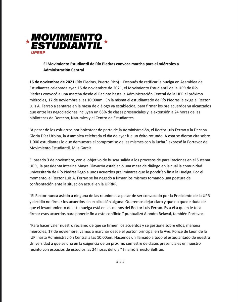 CCMEUPRRP's tweet photo. #RetomemosLaUPR | Como movimiento hemos estado dispuestes a dialogar y accionar para obtener nuestros reclamos.

La huelga no está condicionada al estudiantado, está condicionada a una administración que no nos hace valer y se rehúsa a ofrecernos una universidad accesible. https://t.co/9Fhjpdtc21