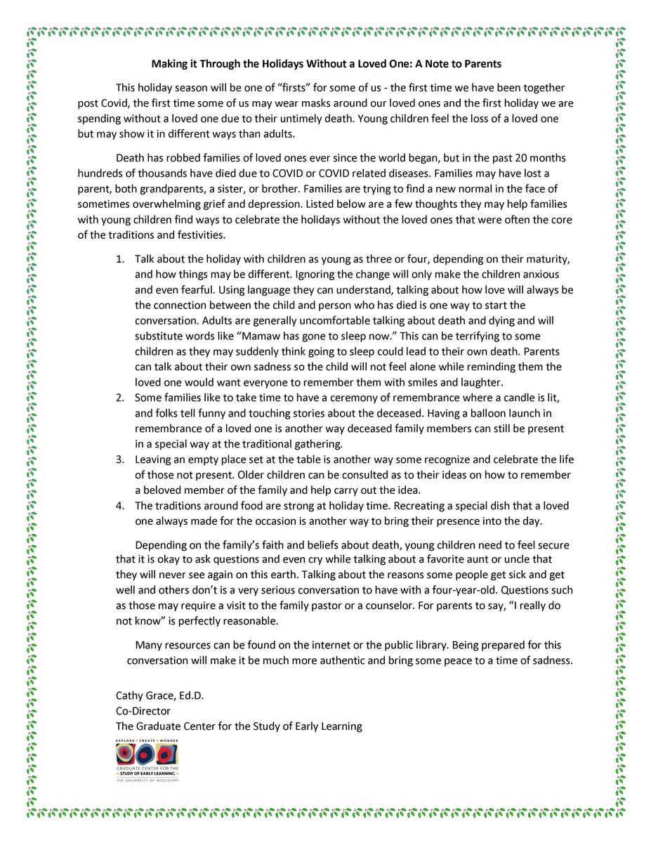 UM_GCSEL's tweet photo. The holidays will look different this year for many families. Dr. Grace's letter to parents offers suggestions on how to help children cope with the loss of a loved one. https://t.co/d89sklKUY3
