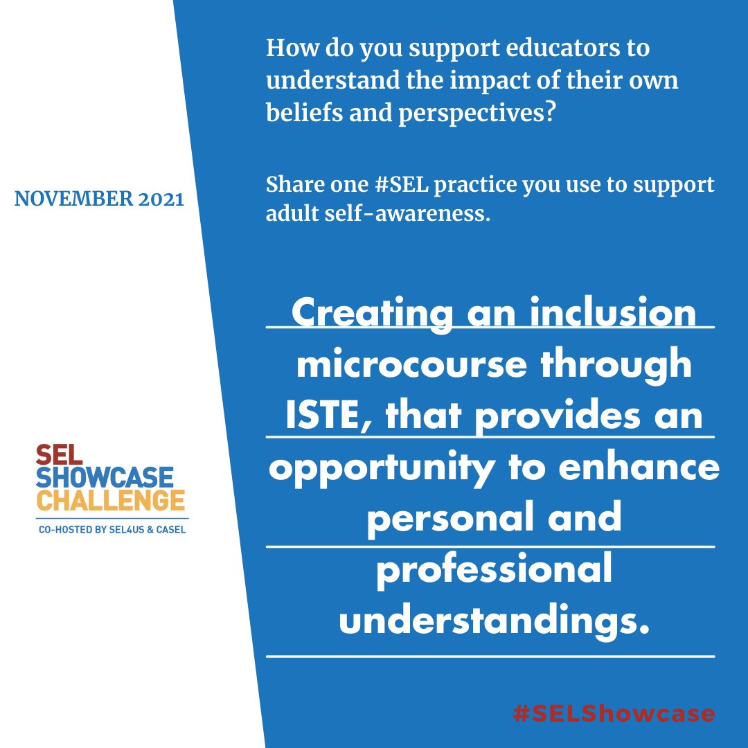 To support educators as they develop skills to teach in diverse learning environments, we provide personal and professional development resources like the inclusion microcourse through our partner organization @iste! #SELshowcase <a href="/SEL4USA/">SEL4US</a> <a href="/caselorg/">CASEL</a> <a href="/educateall_org/">EducatingAllLearners.org</a>