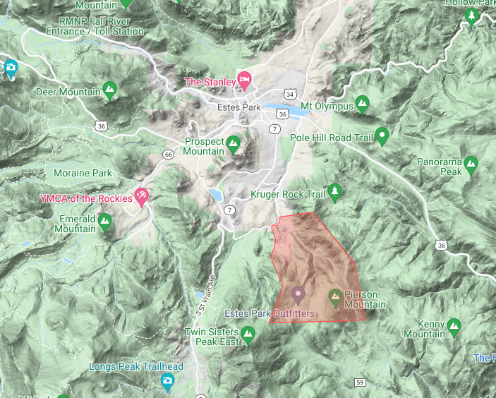WesternWildland's tweet photo. Area of the mandatory evacs relative to Estes Park I think this is #littlevalleyfire not sure yet #cofire https://t.co/hqWXScR7PV