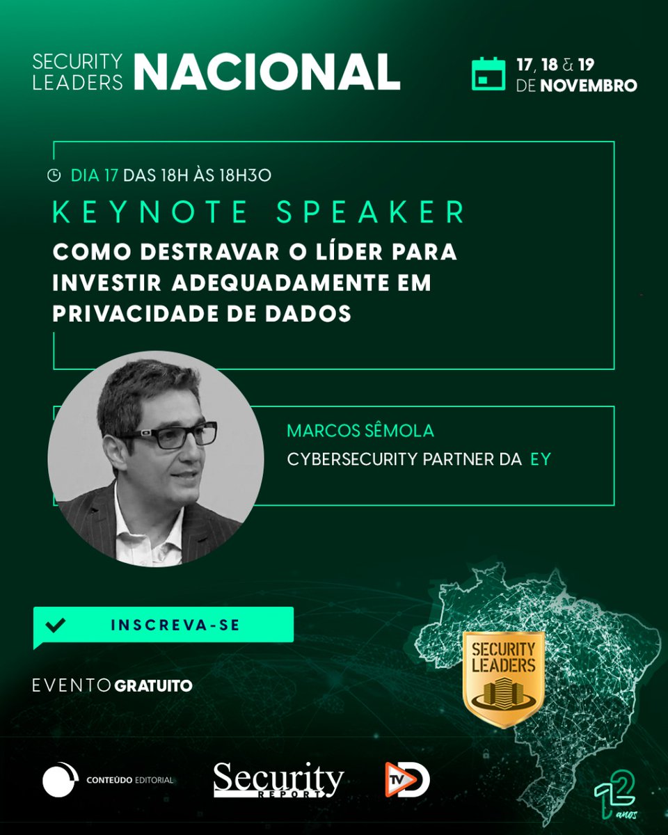 decisionreport's tweet photo. Destrave o líder que há em você. Esse é o desafio de Marcos Sêmola, Cybersecurity Partner da EY na palestra de encerramento do primeiro dia de Security Leaders Nacional. Garanta sua inscrição: https://t.co/3IenPvn4Kv

#securityleaders #nacional #segurança #cyber https://t.co/06kBLySE3x