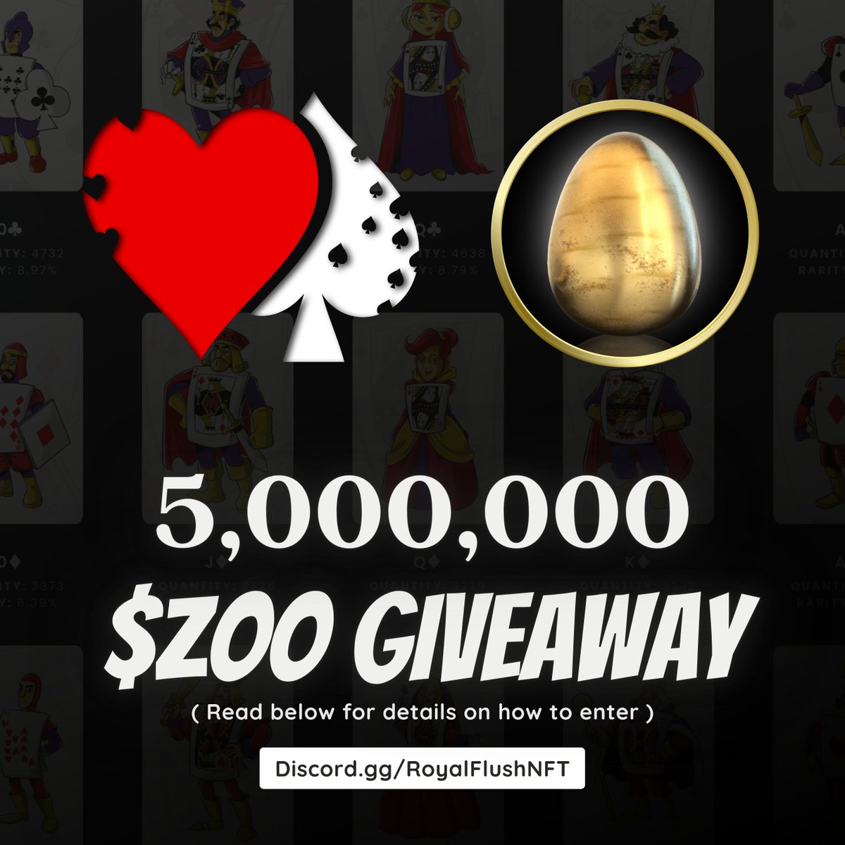 RoyalFlushNFT's tweet photo. In an effort to support the @CryptoZooCo Community - We are sponsoring a 5,000,000 $ZOO Coin Giveaway!

To Enter:
1. Be a member of Both Discord Servers
2. Follow @RoyalFlushNFT on Twitter
3. Retweet this &amp; Reply w/Discord Username

Winner will be chosen 12/1/21 on Our Discord. https://t.co/gM2Y7PLP80