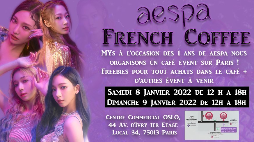 GiselleFR_FAN's tweet photo. AESPA FRENCH COFFEE 

MYs à l'occasion des 1 ans de Aespa nous organisons un café event sur Paris ! 

SAMEDI 8 JANV
12H-18H

DIMANCHE 9 JANV
12H-18H

Des Freebies et des évents seront mis en place, venez https://t.co/s26LjRKm7T https://t.co/WE6vjdZeRT