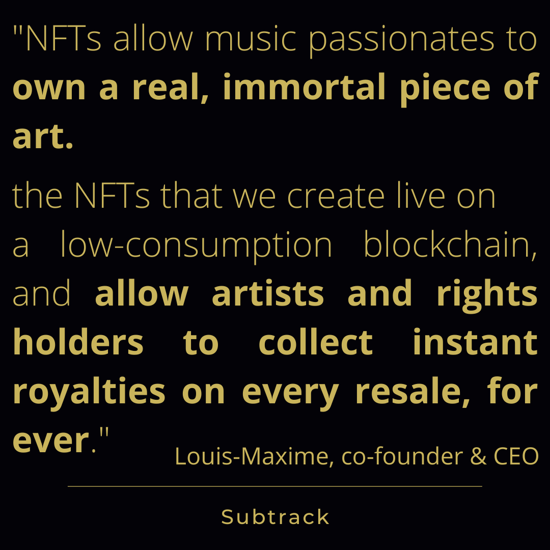 subtrack_music's tweet photo. Thanks to #NFT and @tezos #blockchain, we allow artists and labels to earn a fair living from their Art, by helping them commit their fans with a profound and unique experience.

It's happening on https://t.co/Bgv0H7mTg6.

@LabosNomades

#cryptoart #MusicNFT #tezos #XTZ #Subtrack https://t.co/g8enAeAXCM