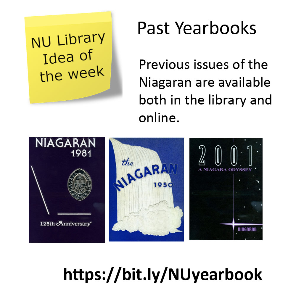 Previous issues of the Niagaran yearbook are available both in the library and online. Find out more at 
bit.ly/NUyearbook