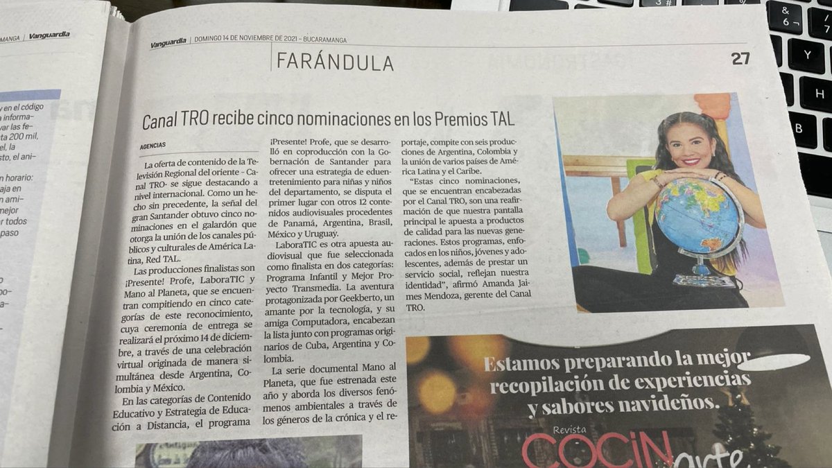 AmandaJaimesM's tweet photo. #SomosNoticia | Gracias a @vanguardiacom por exaltar las nominaciones del @CanalTRO en el galardón y permitirnos abrir sus páginas del impreso durante el fin de semana. #PresenteProfe, #Laboratic y #ManoAlPlaneta son hoy programas finalistas de una selección de 600 producciones. https://t.co/eRJcMyMCHJ