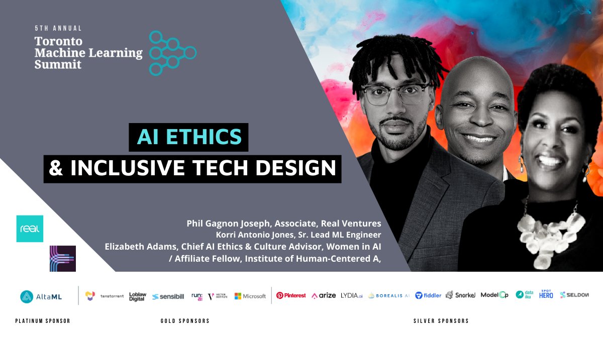 TMLS_TO's tweet image. Learn from Phil Gagnon-Joseph @realventures, Korri Antonio Jones &amp;amp; Elizabeth Adams @women_in_ai as they share about the topics they think are most important when viewing #tech and #AI through a Black focused lens at #TMLS2021

Join us here: bit.ly/TMLS2021