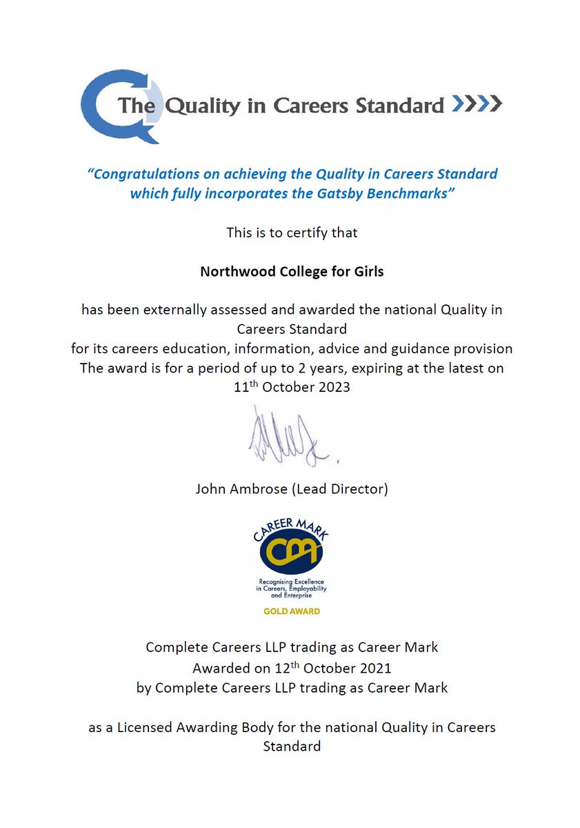 NWC Careers (@nwc_careers) on Twitter photo We are delighted to have achieved the national Quality in Careers Standard (Gold Award) using the Career Mark approach provided by Complete Careers. <a href="/NorthwoodGDST/">Northwood College for Girls</a> #Wheregirlslearnwithoutlimits @GDST We are delighted to have achieved the national Quality in Careers Standard (Gold Award) using the Career Mark approach provided by Complete Careers. <a href="/NorthwoodGDST/">Northwood College for Girls</a> #Wheregirlslearnwithoutlimits @GDST