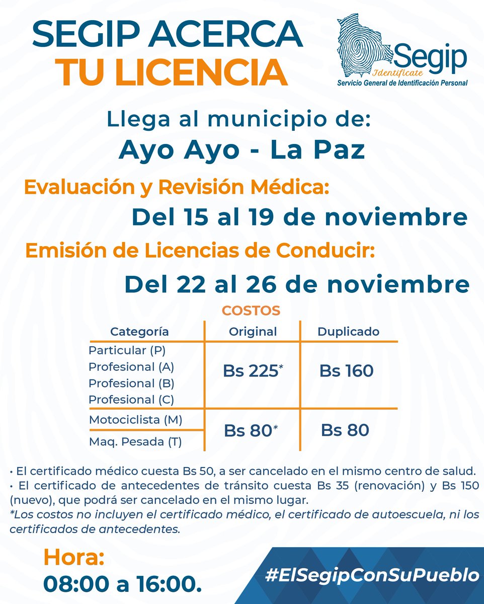 OficialSegip's tweet photo. Continuando con el Programa "Segip Acerca tu Licencia" 🚗, estamos en los municipios de #Humanata y #AyoAyo #LaPaz, queda atento al cronograma.

#ElSegipConSuPueblo
#EstamosSaliendoAdelante https://t.co/jSvjLLchLZ