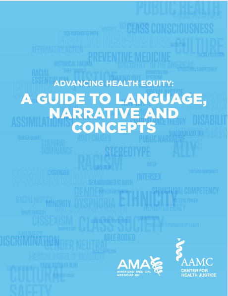 SatcherHealth's tweet photo. The @AmerMedicalAssn @AAMCjustice guide stimulates critical thinking about language, narrative and concepts—helping us to identify harmful phrasing and providing alternatives that move us toward racial justice and health equity: https://t.co/JbJnq8KfxI #AMAEquity #healthjustice https://t.co/LtWCbOfG6Q