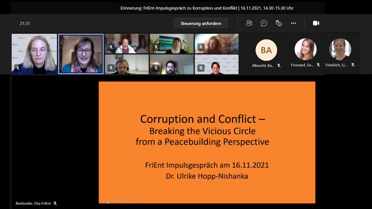 FriEnt_news's tweet photo. How can the fight against #corruption be integrated into #peacebuilding approaches and vice versa? This was discussed during a @FriEnt internal exhange with reference to the new #publication by Dr. Ulrike Hopp-Nishanka(@hoppnishanka). More Information: https://t.co/q6FeTsPeiP https://t.co/6JlxF13qaw