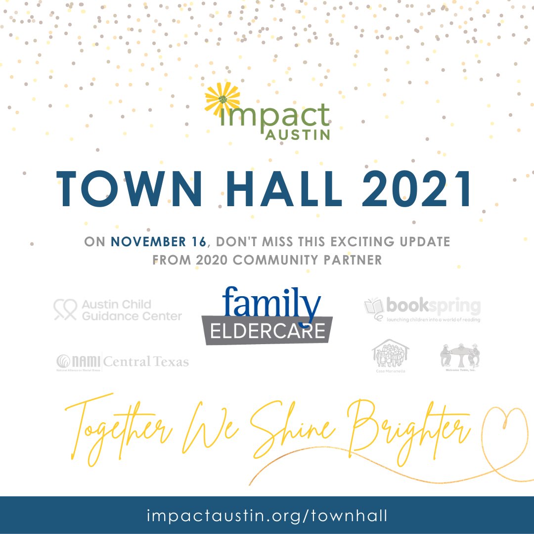 You’re invited! 💌

Join us TODAY at 7:00 PM for the <a href="/Impact_ATX/">Impact Austin</a> , Town Hall 2021. They’ll be sharing the work that their community partners have accomplished in the past year. 🎉

Join the Virtual Town Hall ➡️ bit.ly/3ovChZX

#TownHall #ImpactAustin