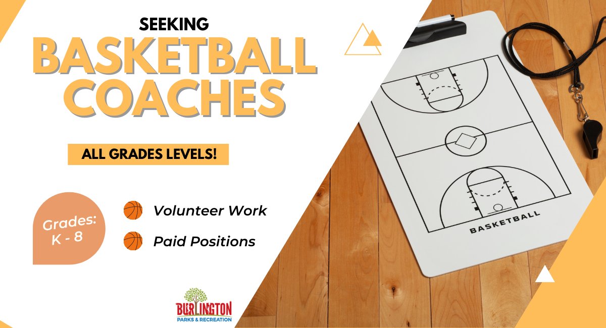 We are still seeking basketball coaches for all grade levels! If you, or anyone you know are interested, please see the links below. Both volunteer and paid positions available!

Volunteer: forms.gle/adXHx2Nzdeihds…
Paid Work: forms.gle/vviW4epdG3j1Qn…

#BurlingtonFUN #Basketball