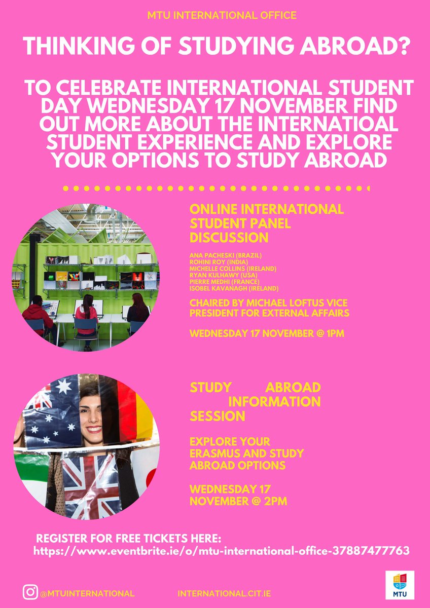 To celebrate International Student Day, please join us on 17 Nov at 13:00. at our virtual event. MTU International student panel discussion about studying abroad and studying in Ireland followed by Erasmus and Study Abroad options for Students.
Tickets: eventbrite.ie/o/mtu-internat…