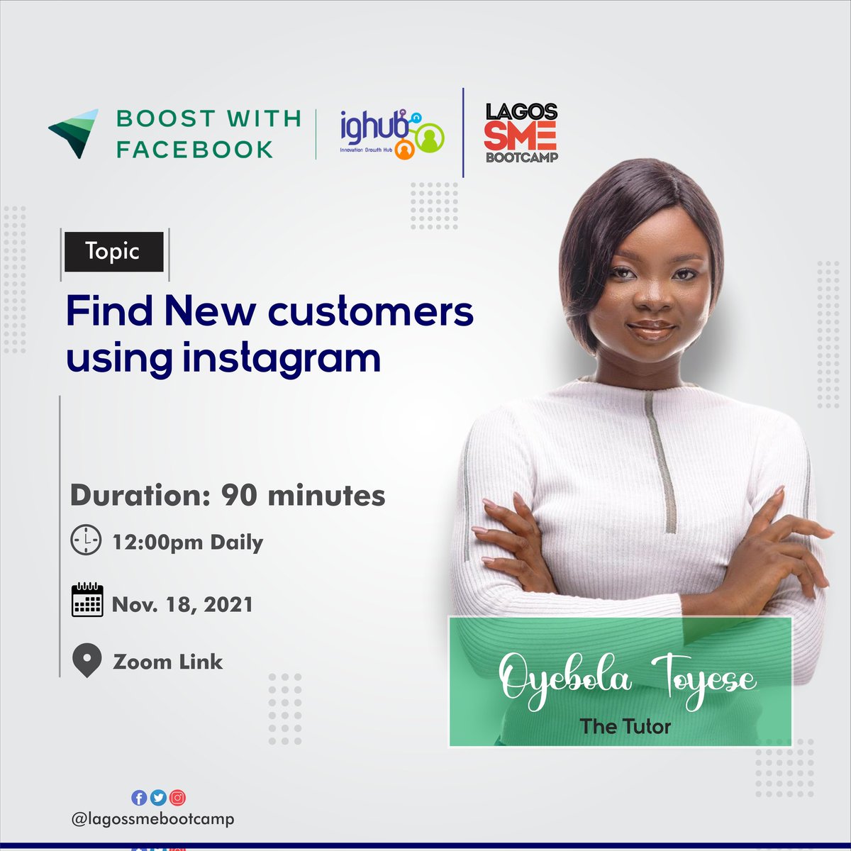 LagoSMEbootCamp's tweet image. 12:00pm daily | Duration: 90 min ⏰

Click on the link below to book your spot 👍

bwfighub.splashthat.com

#DigitalMarketing #SMEworkshop