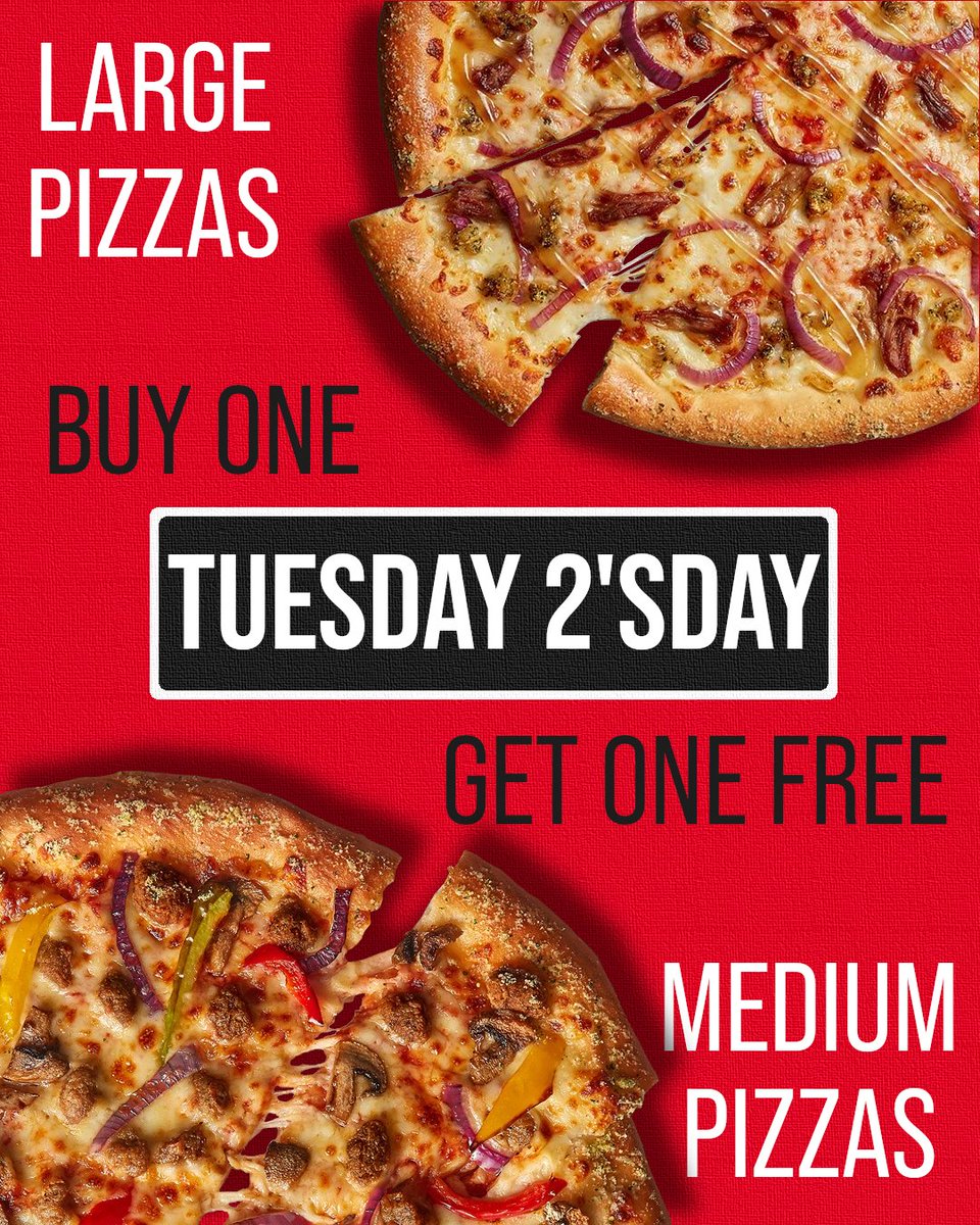 It's Tuesday 2'sday at Pizza Hut 🍕🍕🍕

Get Buy One Get One Free on all Large and Medium Pizzas!

Including the meat-free Beyond Meat range and the new Hog Roast Pizza 🍖🍖

Order online at: pizzahut.co.uk

#pizzahut #deals #pizzadelivery #tuesday #neath #PortTalbot