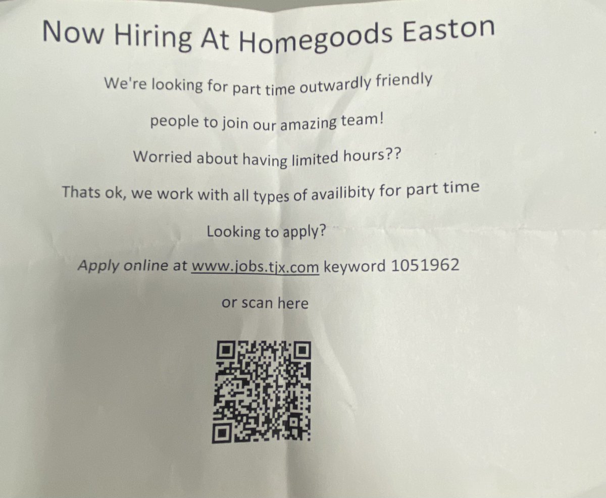 Come join me at HomeGoods!  Competitive pay, flexible hours and associate discount at all TJX companies.