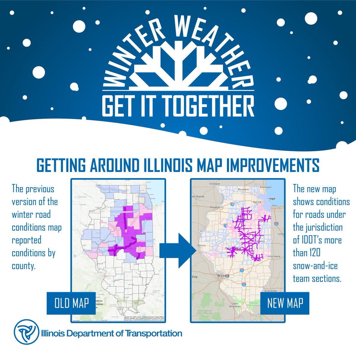 IDOT_Illinois's tweet photo. We have upgraded our winter road conditions map at https://t.co/jWNMEWqyKA, optimized for mobile devices and with more precise reporting. Learn more: https://t.co/tVzqnTC1lg https://t.co/LCIZC0Az1b