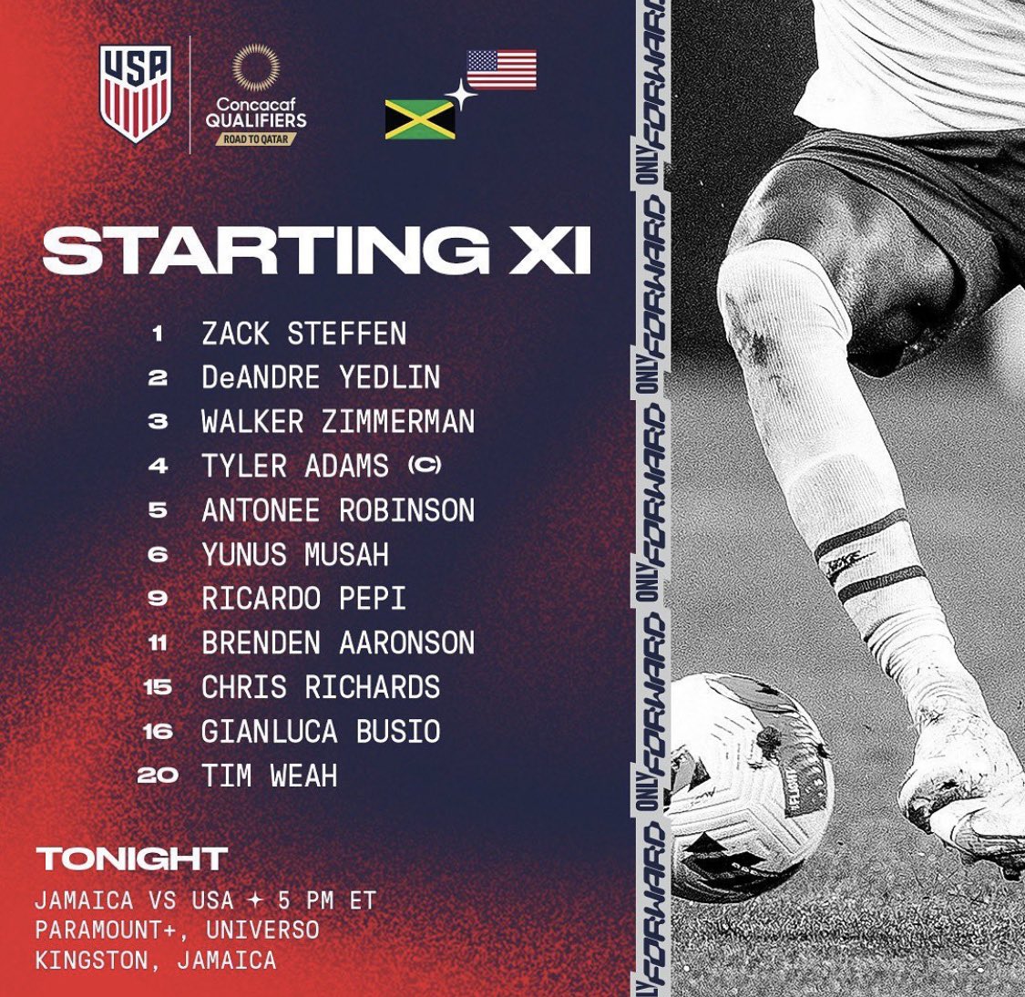 usmntonly's tweet image. TONIGHT’S @USMNT STARTING XI AGAINST JAMAICA!