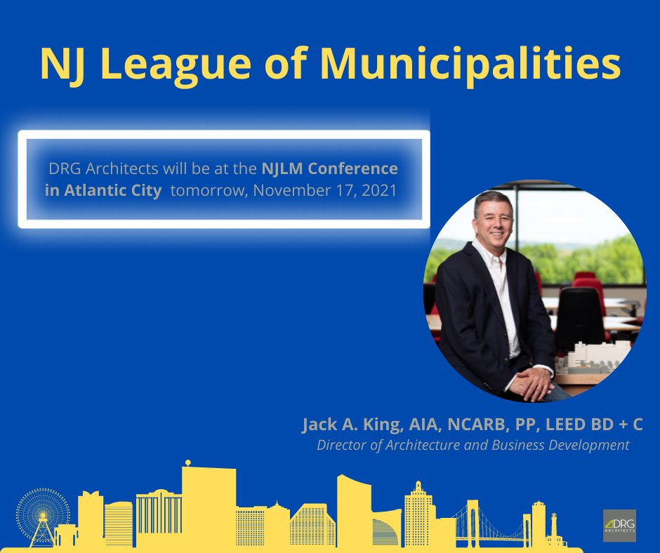 DRGarchitects's tweet photo. Are you attending @NJ_League this week? So are we! Come say hi to Jack King, the Director of #Architecture &amp; #BusinessDevelopment here at DRG. His architectural project experience includes higher education, gov buildings, multi-family, retail, offices, &amp; hotels. #NJLM #NJleague https://t.co/0Lxjz8vrFs