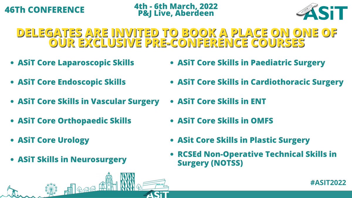 We are thrilled to announce that discounted early-bird registration is OPEN. Join us in #Aberdream for conference 'Surgical Training: The Evolution'!

You can now book for #ASiT2022 and our wide range of pre-conference courses. 

To book, visit: members.asit.org/Event-Registra….