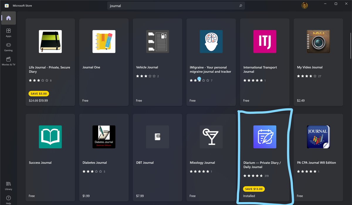 The new #Windows11 Store app is visually nice for sure. But the search is still terrible. Or why precisely is #Diarium only ranked #17 when searching for the "journal" keyword. That ranking algorithm is a mystery and so, so disappointing.